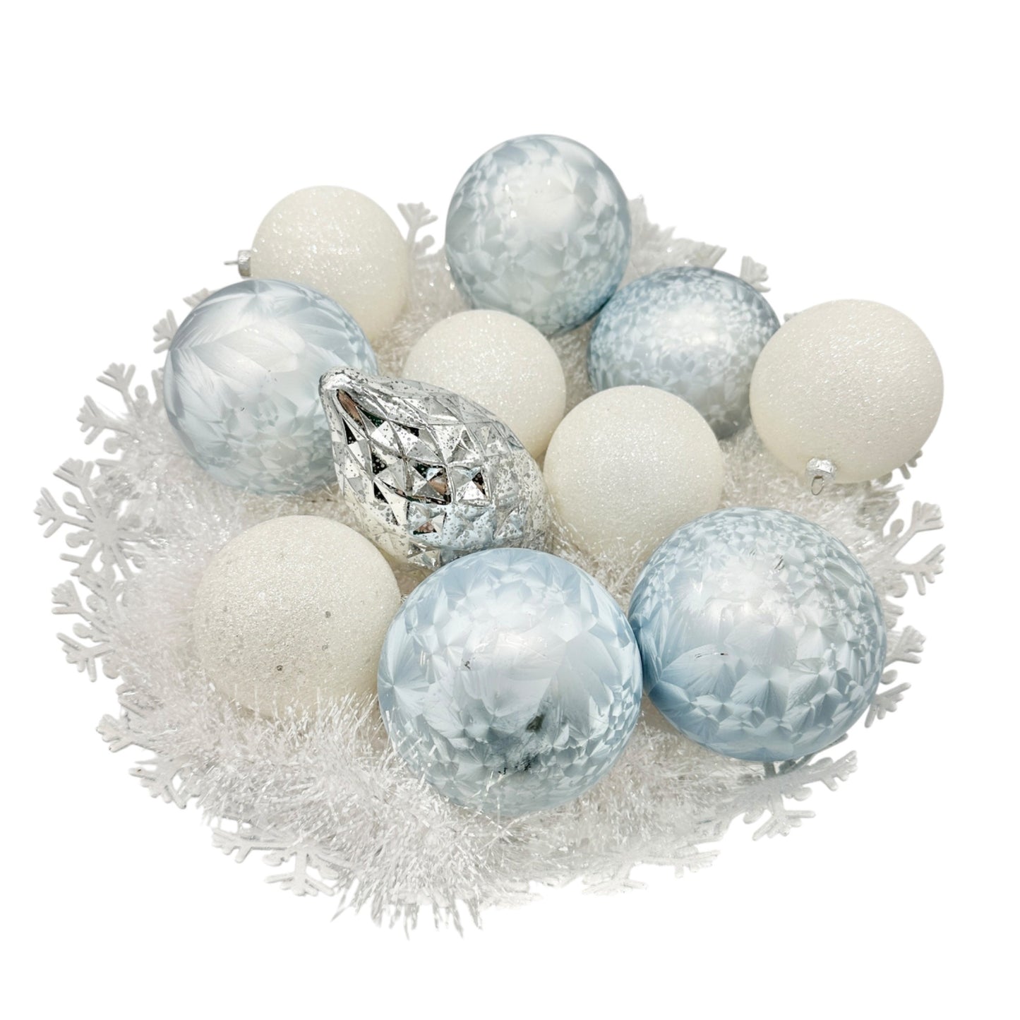 Snowflake Cutout Bowl White With White Garland and Blue White Ornaments Set