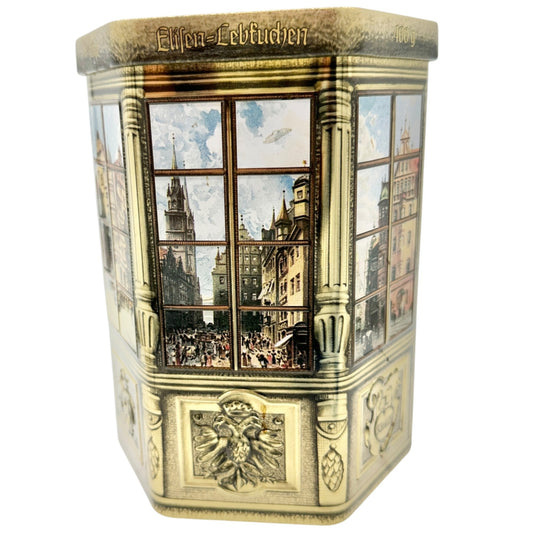 Vtg Elisen-Lebkuchen Gingerbread Tin Box 400g Hexagonal Design E. Otto Schmidt
