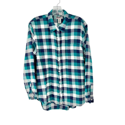 Wrangler Flannel Shirt Men's Large Blue Green Plaid Long Sleeve Button Up Chest