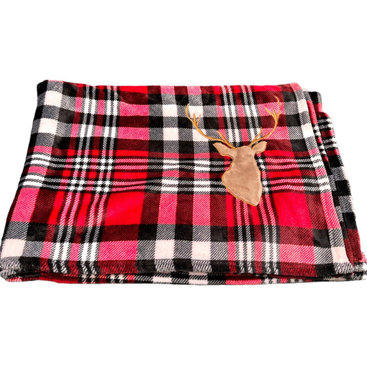 Elle Decor Throw Blanket 72x47 Red Black Plaid Deer Head Embellishment Soft