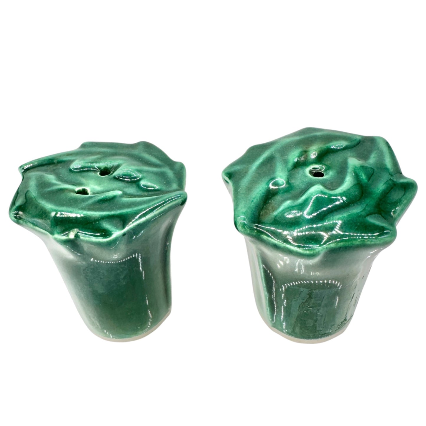 Leafy Vegetable Salt and Pepper Shakers Green Textured Ceramic Leaf Design 2”H