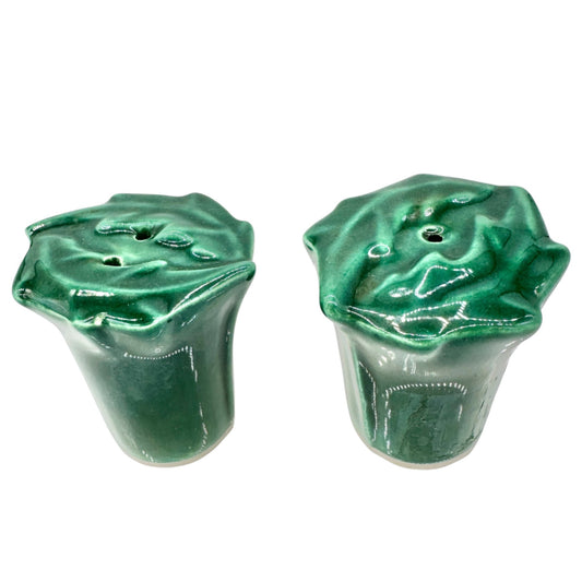 Leafy Vegetable Salt and Pepper Shakers Green Textured Ceramic Leaf Design 2”H