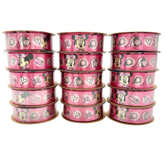 Offray Lot of 15 Spools Ribbon 7/8 inch x 9 feet Pink Minnie Mouse NEW