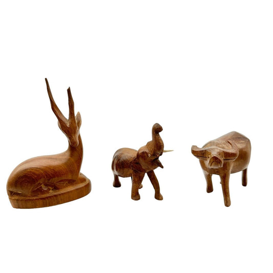 Set of 3 Wooden Animal Figures Elephant Ox Antelope Hand Carved in Kenya