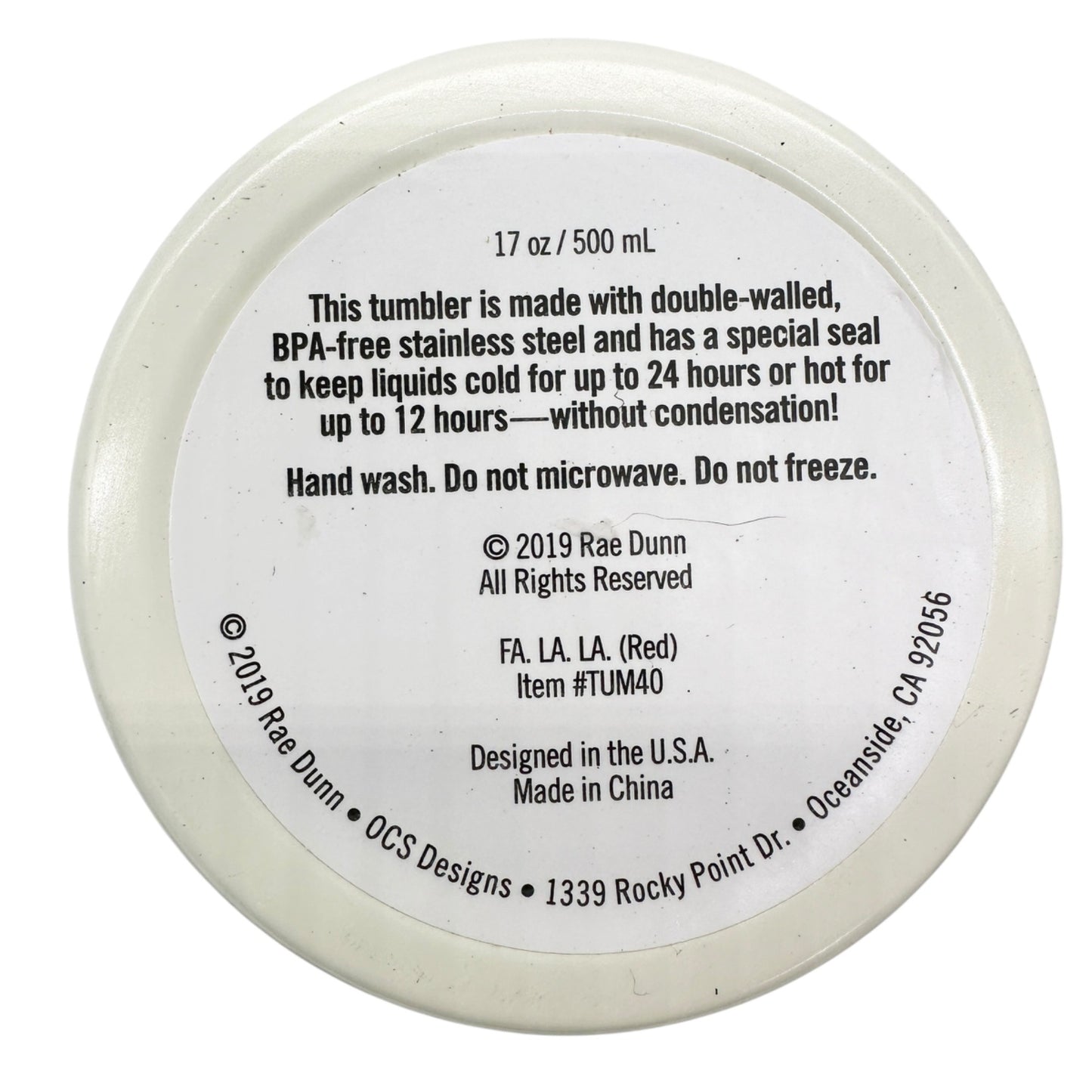 Rae Dunn FA LA LA 17 Oz Stainless Steel Tumbler With Lid Double Walled White Red