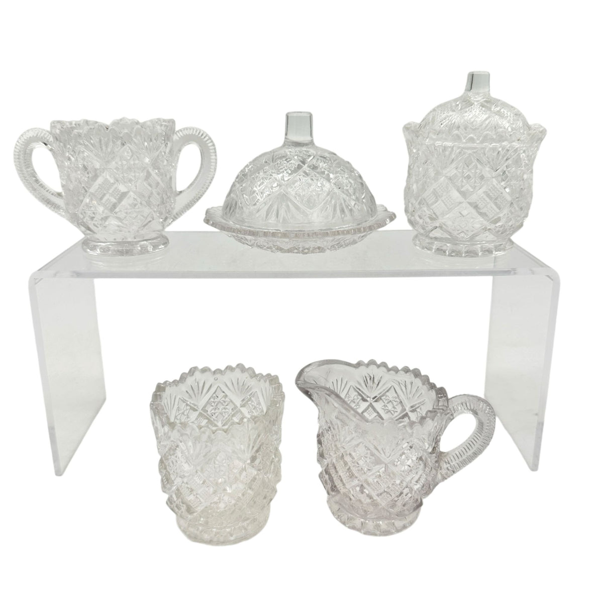 Thumbelina Flattened Diamond 5 Pc Childrens Tableware Set Vintage EAPG Glassware