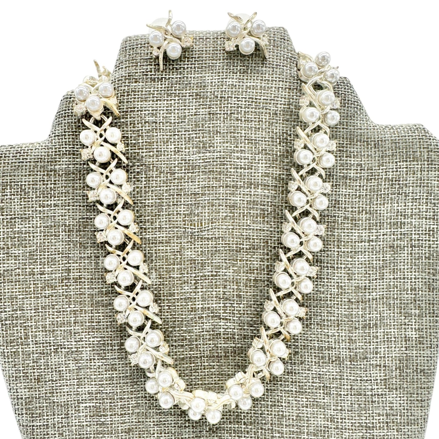 Vintage Rhinestone Faux Pearl Necklace and Earring Set Silvertone & 2" Extender