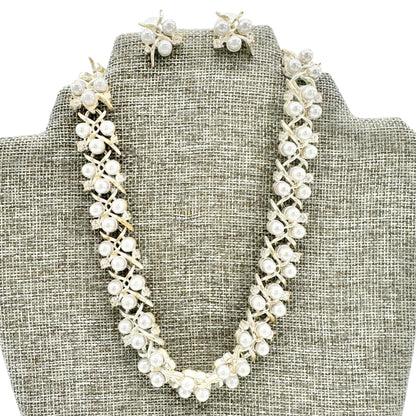 Vintage Rhinestone Faux Pearl Necklace and Earring Set Silvertone & 2" Extender