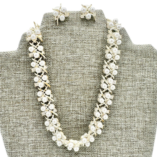 Vintage Rhinestone Faux Pearl Necklace and Earring Set Silvertone & 2" Extender