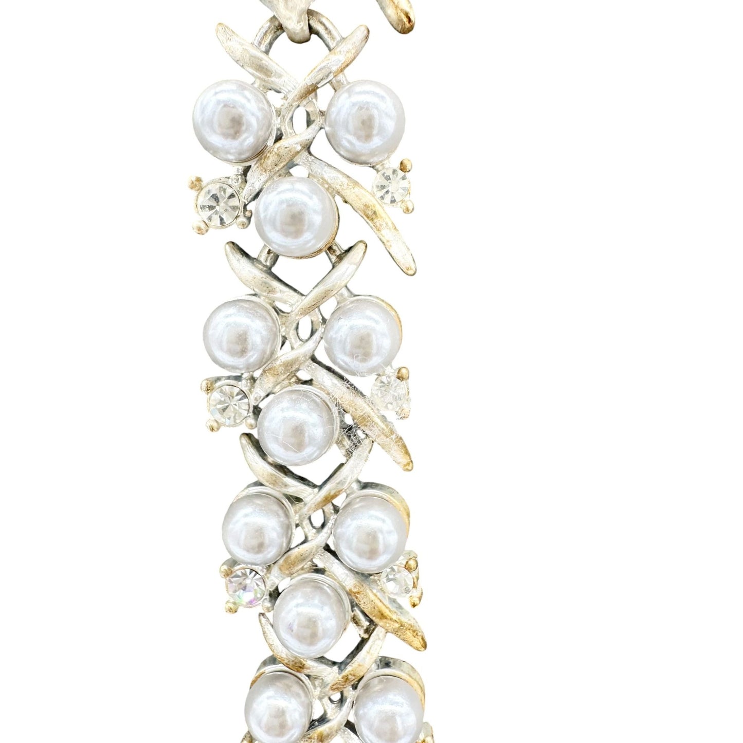 Vintage Rhinestone Faux Pearl Necklace and Earring Set Silvertone & 2" Extender