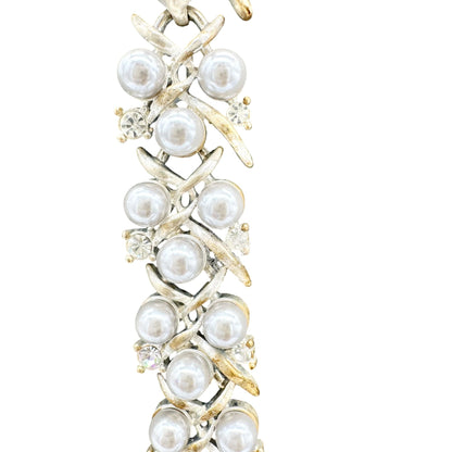 Vintage Rhinestone Faux Pearl Necklace and Earring Set Silvertone & 2" Extender