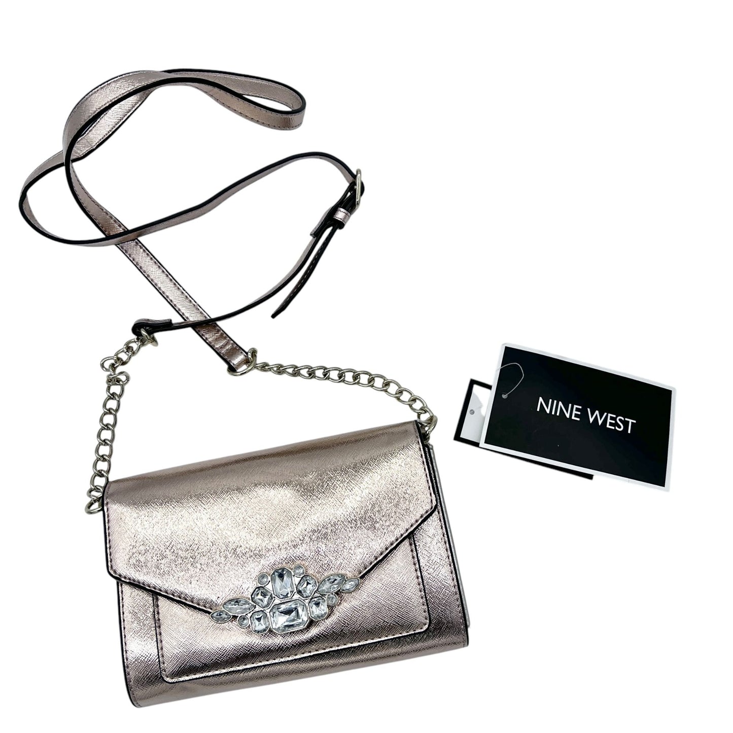 Nine West Metallic Crossbody Bag With Chain Strap & Jewel Detail NWT