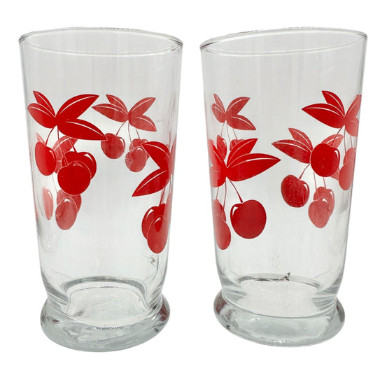 Set Of 2 Vintage Clear Glass Tumblers Red Cherry Print 6 Oz Retro Drinkware