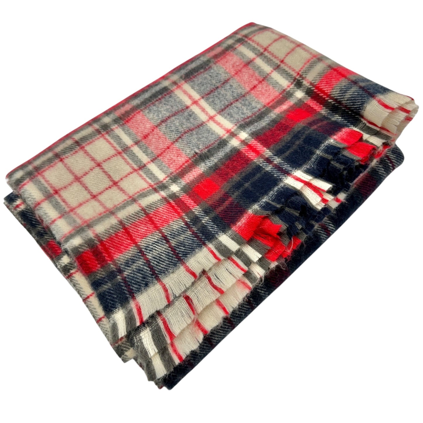 Look Plaid Wool and Acrylic Blend Scarf 80 x 27 Red Beige Navy Fringed Edges