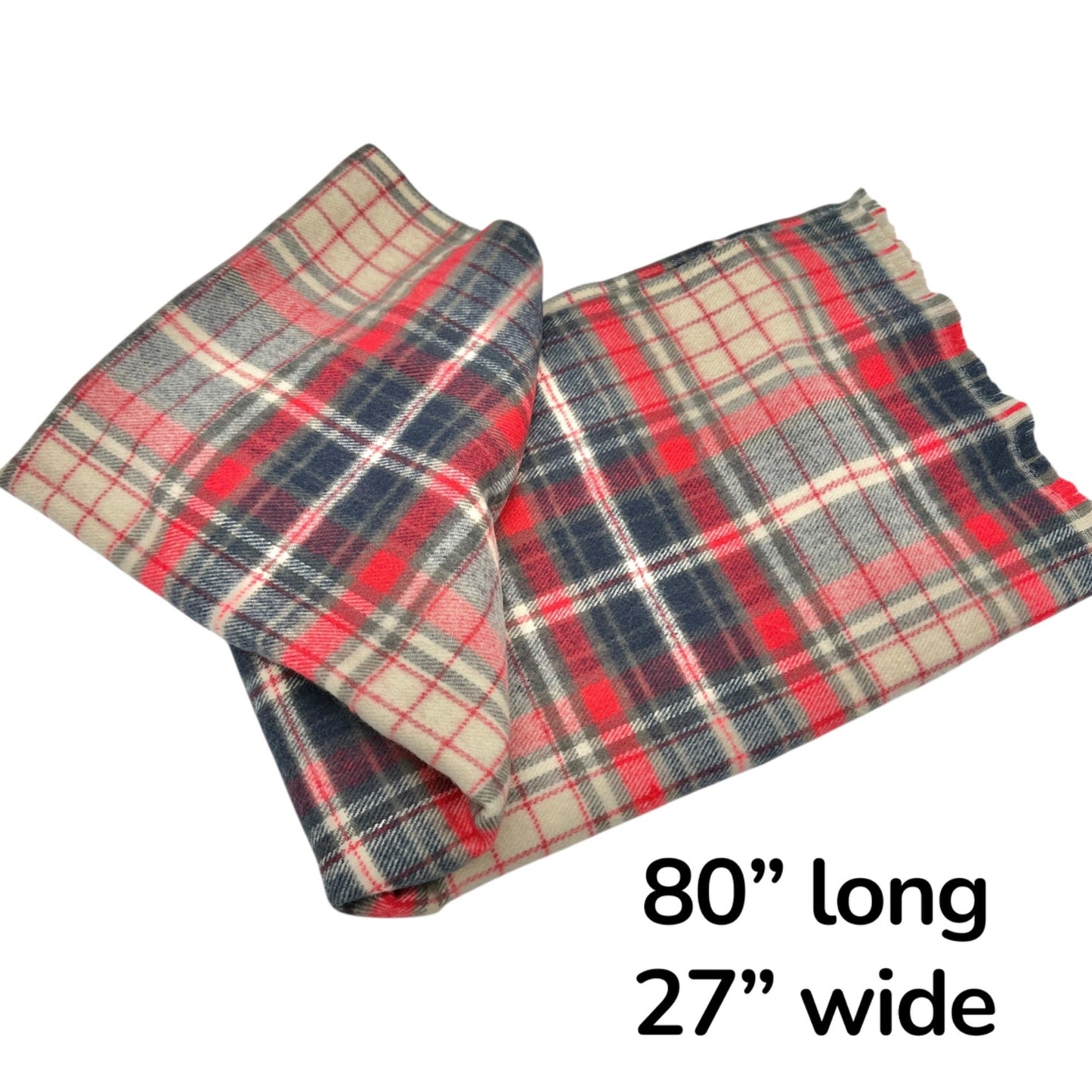 Look Plaid Wool and Acrylic Blend Scarf 80 x 27 Red Beige Navy Fringed Edges