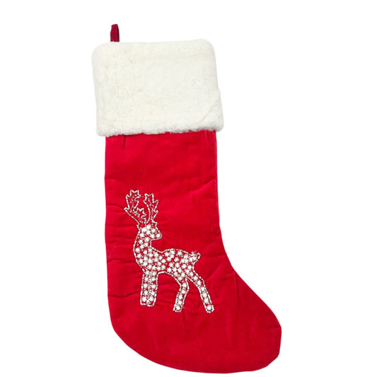 Max Studio Home Christmas Stocking Red Velvet Bead Reindeer Faux Fur White Cuff