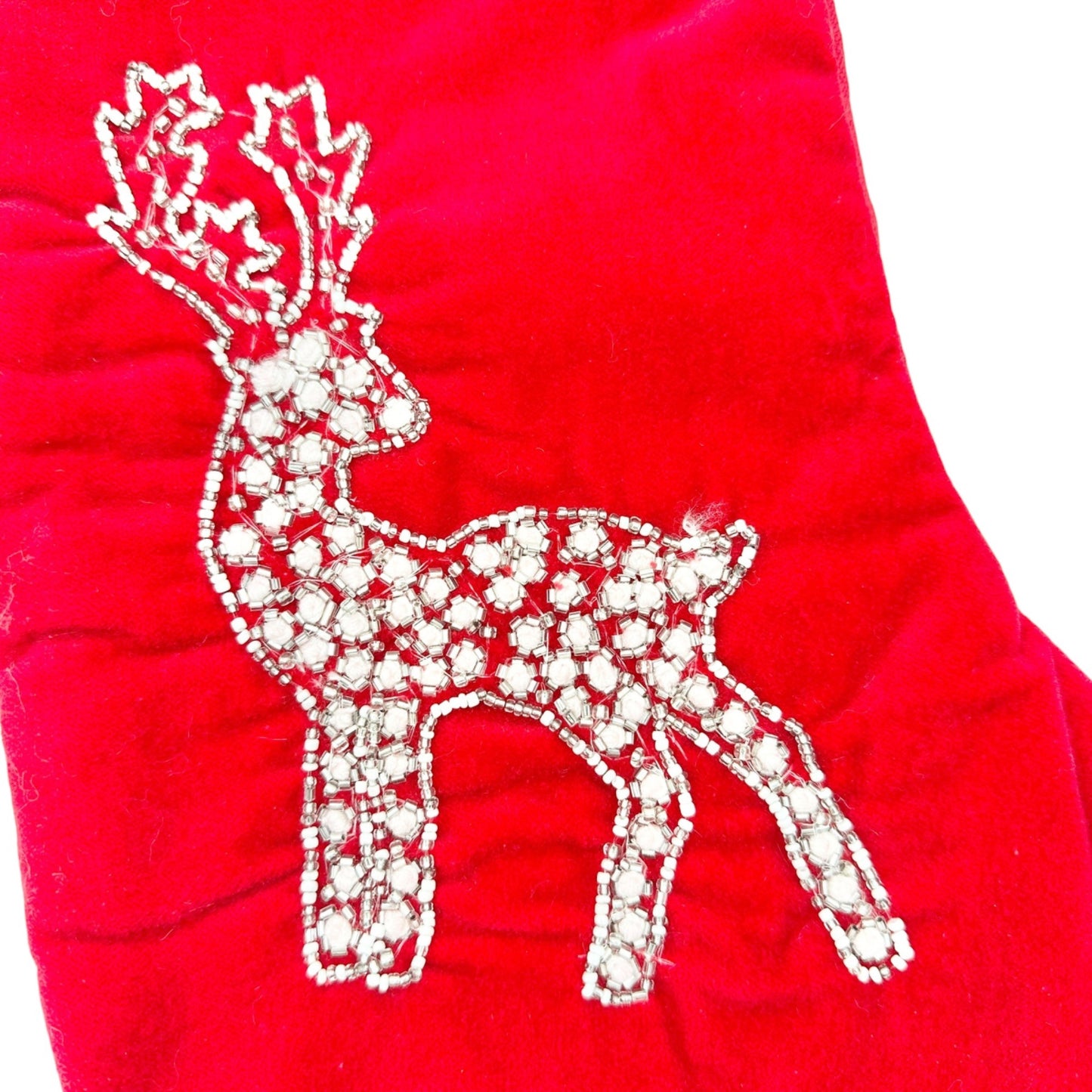 Max Studio Home Christmas Stocking Red Velvet Bead Reindeer Faux Fur White Cuff