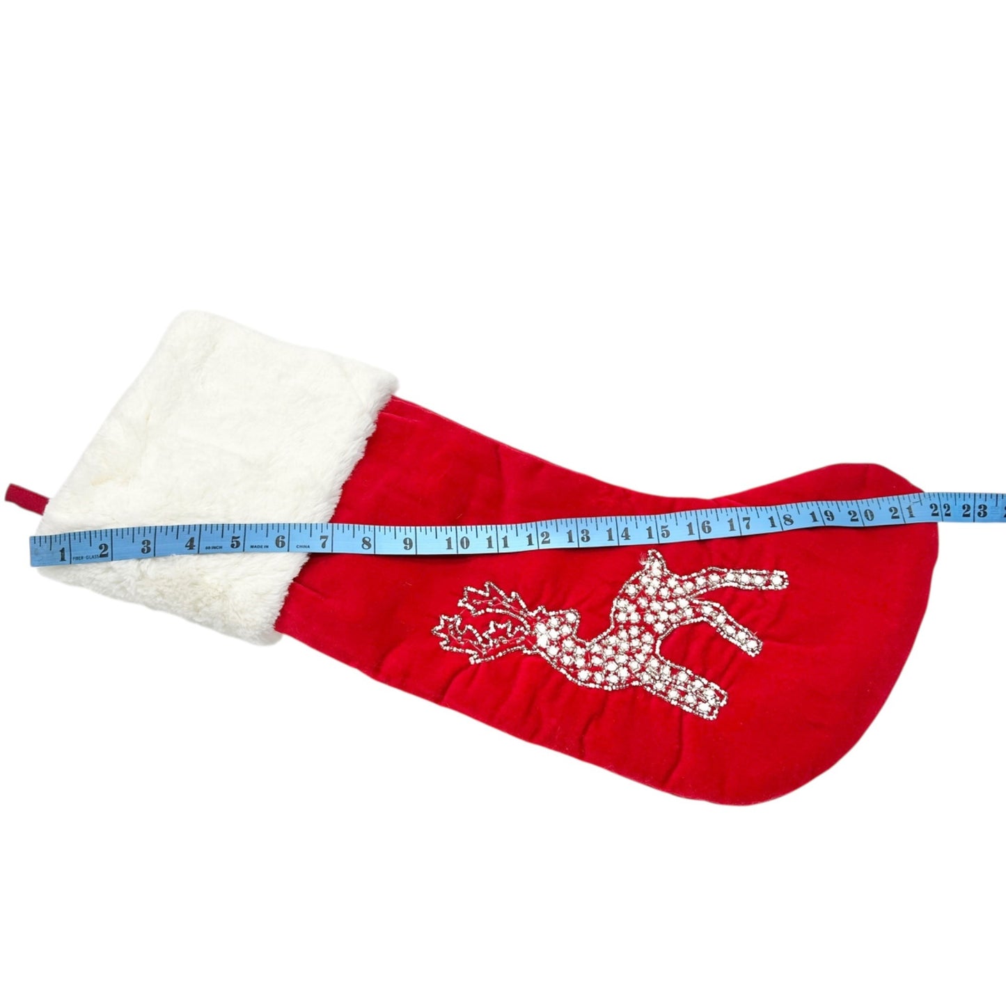Max Studio Home Christmas Stocking Red Velvet Bead Reindeer Faux Fur White Cuff