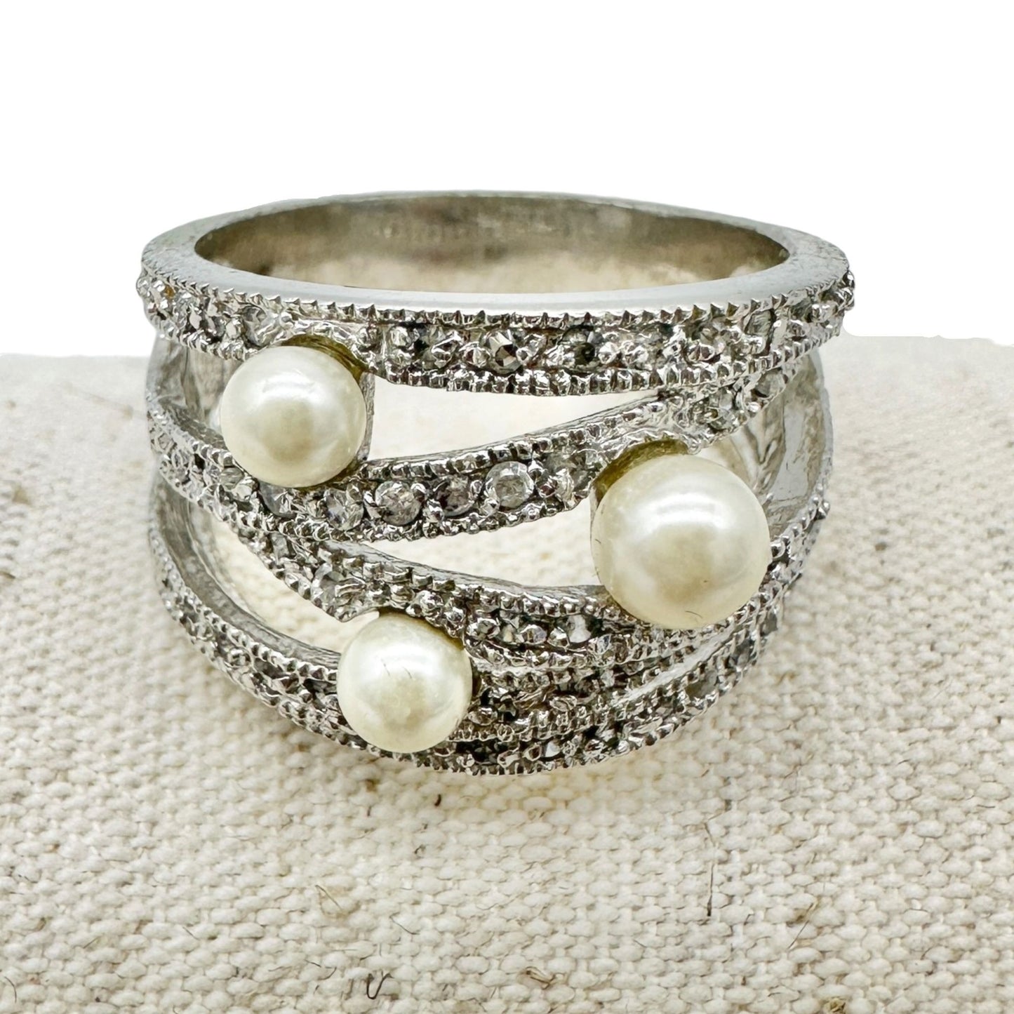 Premier Designs Silver Tone Ring With Simulated Pearls and Rhinestones Size 10