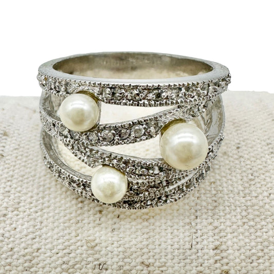 Premier Designs Silver Tone Ring With Simulated Pearls and Rhinestones Size 10