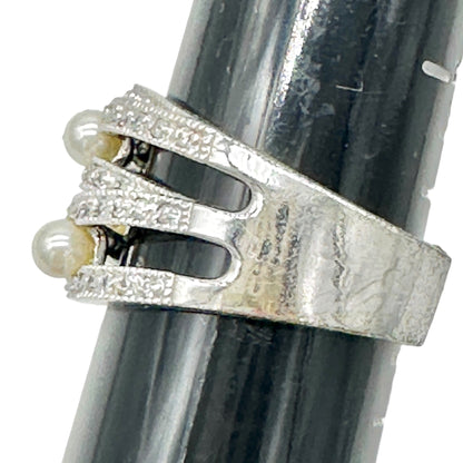 Premier Designs Silver Tone Ring With Simulated Pearls and Rhinestones Size 10