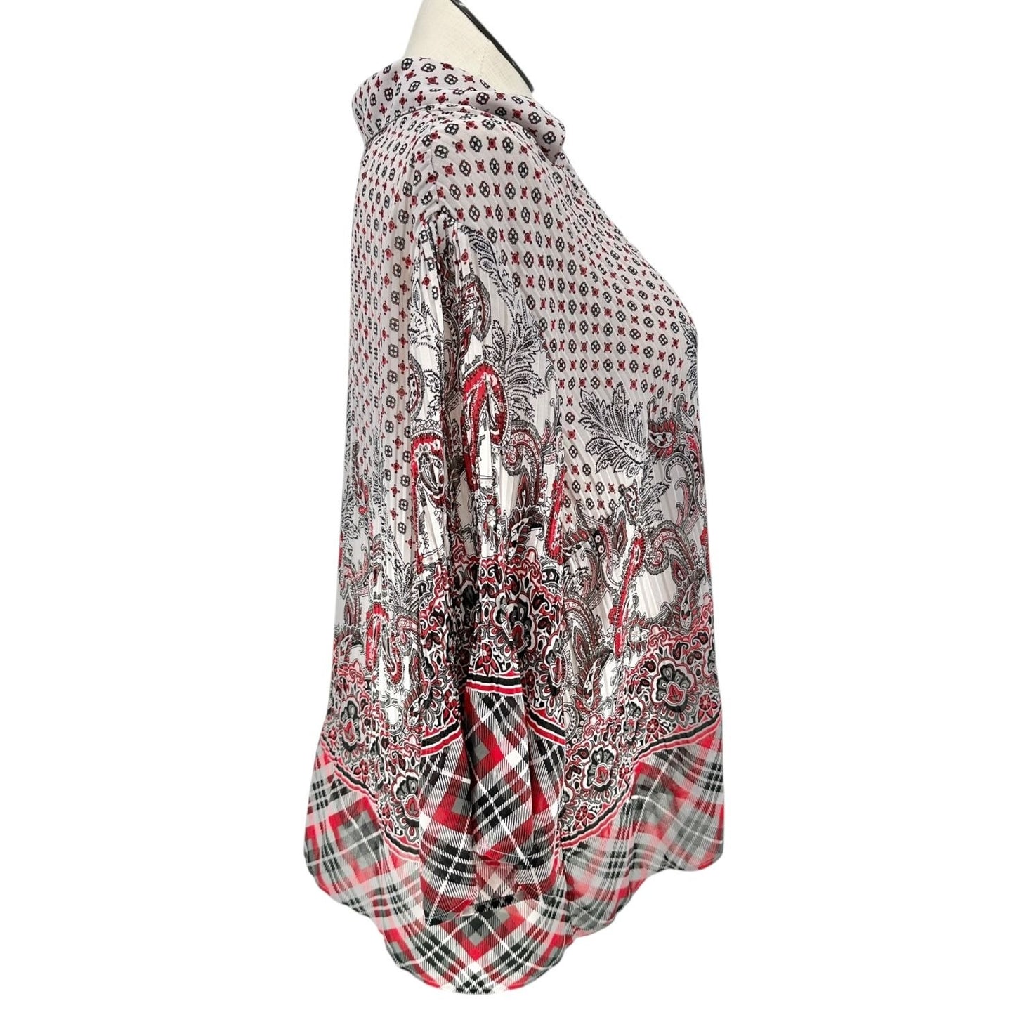 Lane Bryant Womens 22/24W Blouse Black Red White Sheer Button-Down 3/4 Sleeves