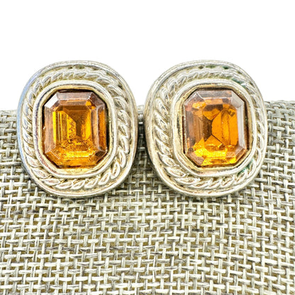 Vintage Clip On Earrings Amber Stone Silver Tone Trim Elegant Twist Design 1 in
