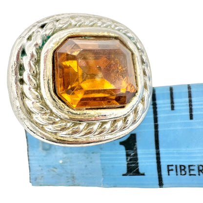 Vintage Clip On Earrings Amber Stone Silver Tone Trim Elegant Twist Design 1 in