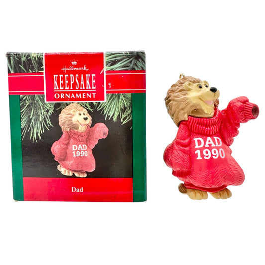 Hallmark Keepsake Ornament Dad 1990 Handcrafted Lion In Red Sweater Vintage