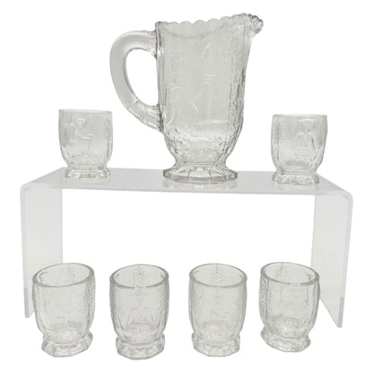 Nursery Rhyme 7pc Set Childrens Tableware Pitcher 6 Glasses US Glass Co 1908-19