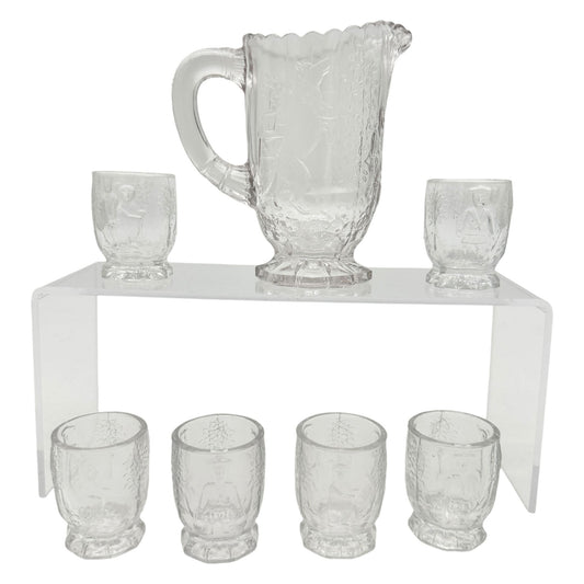 Nursery Rhyme 7pc Set Childrens Tableware Pitcher 6 Glasses US Glass Co 1908-19