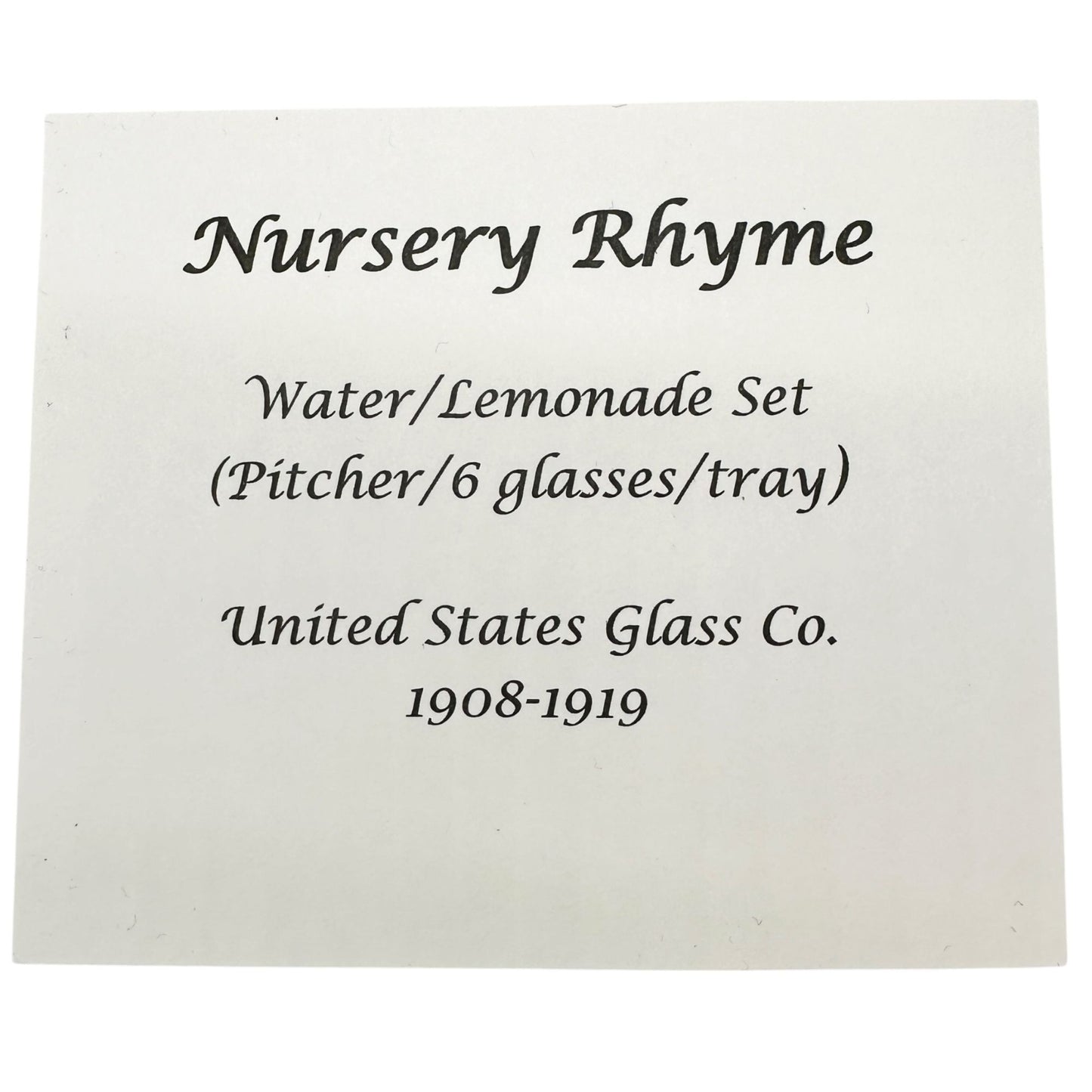 Nursery Rhyme 7pc Set Childrens Tableware Pitcher 6 Glasses US Glass Co 1908-19