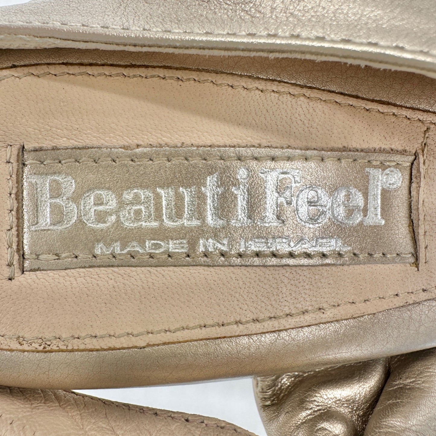 BeautiFeel Heeled Sandals Womens Size 8 Gold Leather With Decorative Buckles