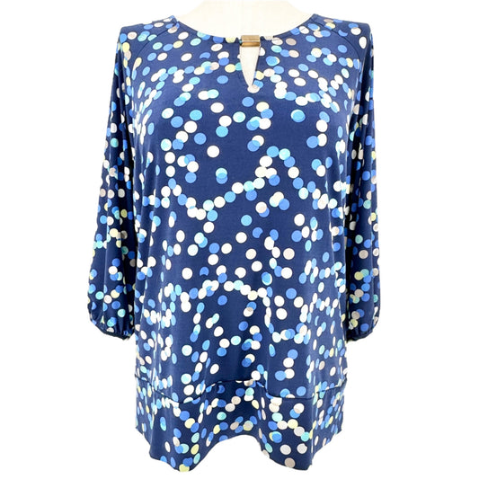 JM Collection Top Womens 2X Polka Dot Navy Blue LS Scoop Neck Keyhole Accent