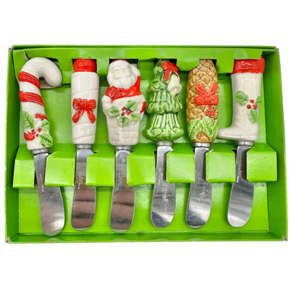 Vtg Set Of 6 Christmas Stainless Steel Cheese Spreaders Ceramic Handles Japan