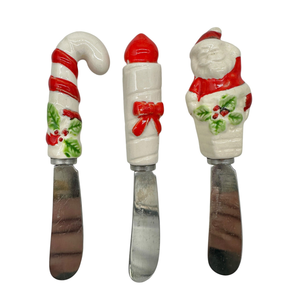 Vtg Set Of 6 Christmas Stainless Steel Cheese Spreaders Ceramic Handles Japan