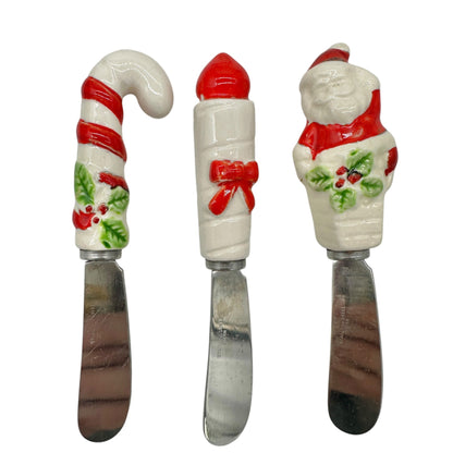 Vtg Set Of 6 Christmas Stainless Steel Cheese Spreaders Ceramic Handles Japan