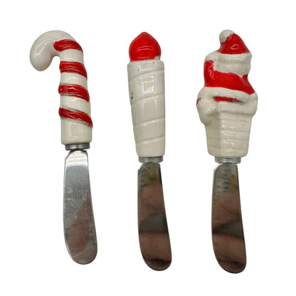 Vtg Set Of 6 Christmas Stainless Steel Cheese Spreaders Ceramic Handles Japan