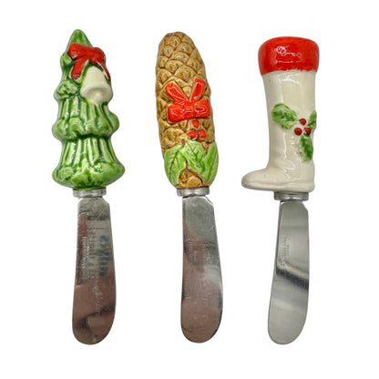 Vtg Set Of 6 Christmas Stainless Steel Cheese Spreaders Ceramic Handles Japan