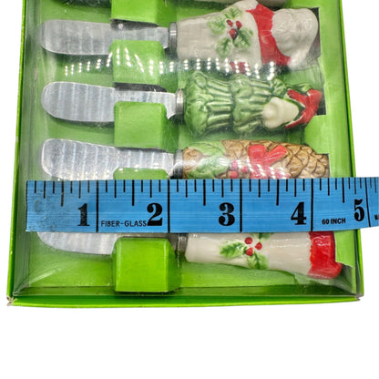Vtg Set Of 6 Christmas Stainless Steel Cheese Spreaders Ceramic Handles Japan