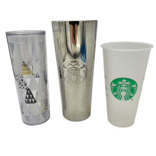 Starbucks 3 Tumblers 24 Oz Stainless Steel 16 Oz Plastic 24 Oz Plastic No Lids