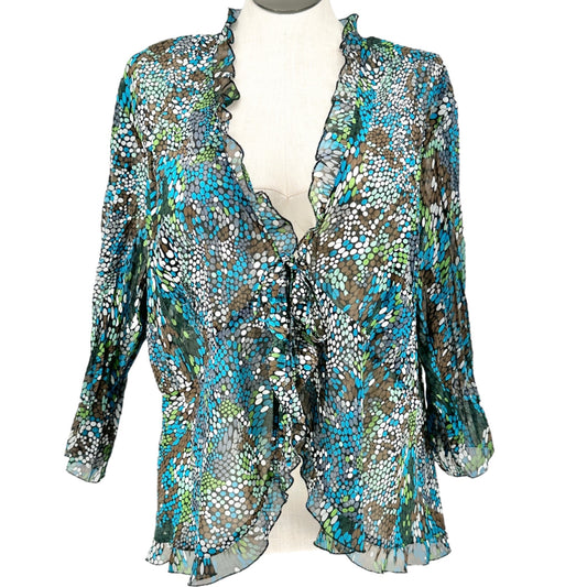 Notations Woman Tie Front Top Womens 2X Sheer Ruffled Black Brown Blue Green