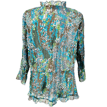 Notations Woman Tie Front Top Womens 2X Sheer Ruffled Black Brown Blue Green