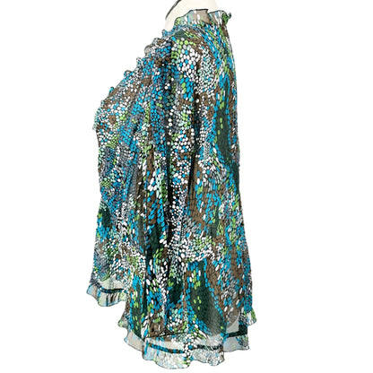 Notations Woman Tie Front Top Womens 2X Sheer Ruffled Black Brown Blue Green