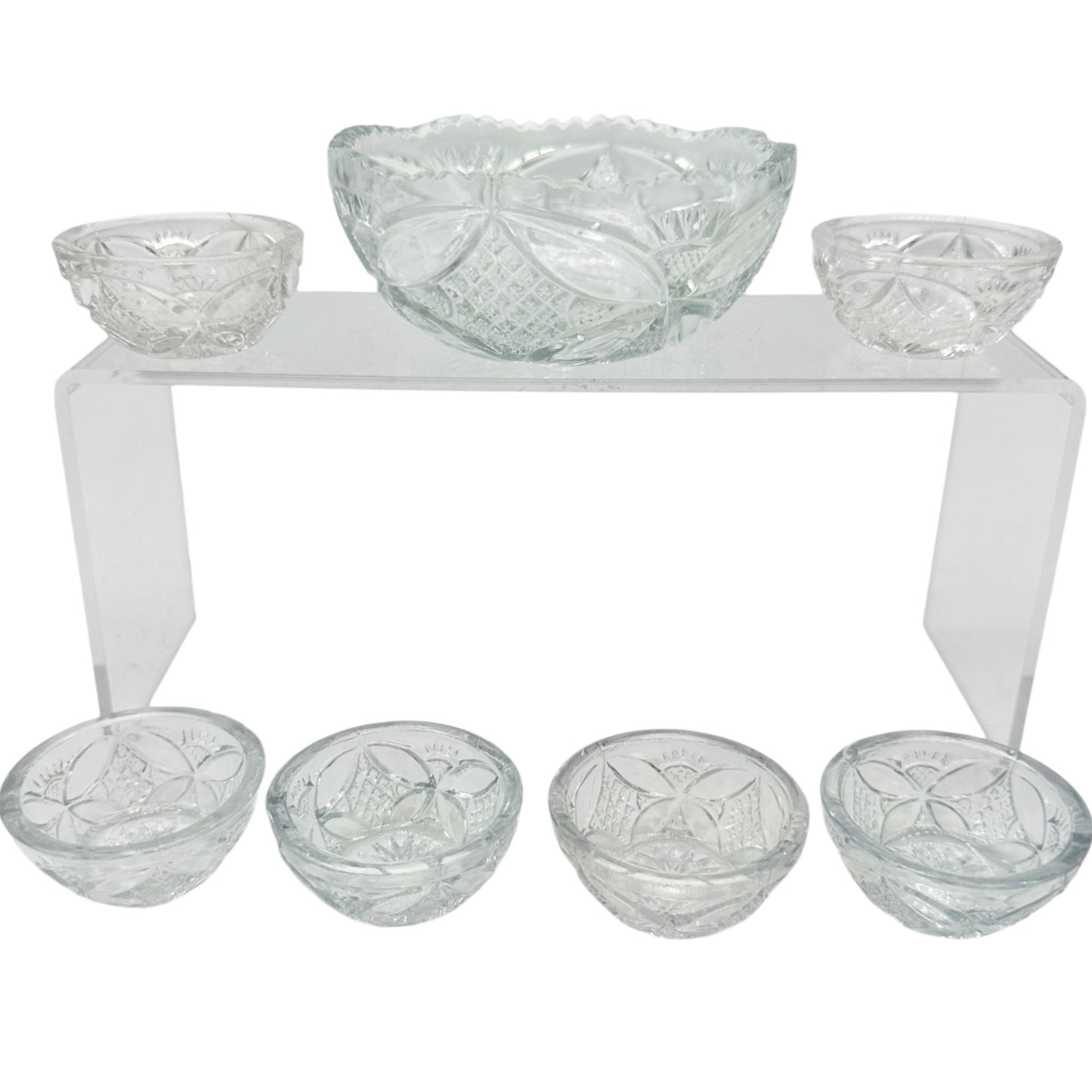 7 Pc Vtg Glass Berry Bowl Set Pattee Cross Design Scalloped Edge Child Tableware