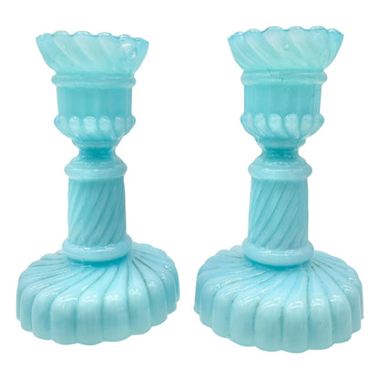 Westmoreland Blue Milk Glass Candlesticks Pair Vintage Childrens Tableware 3.5"H