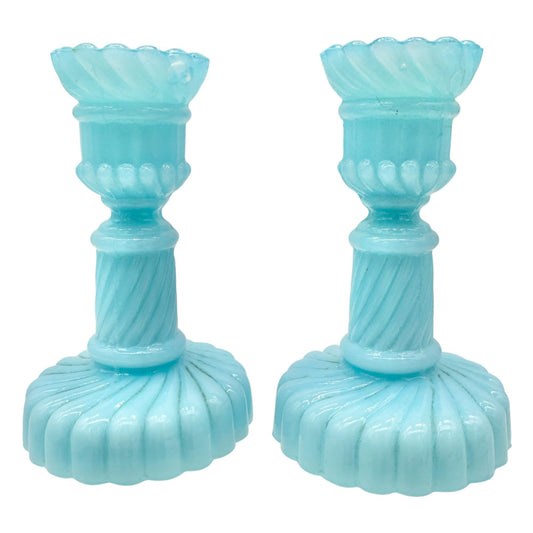 Westmoreland Blue Milk Glass Candlesticks Pair Vintage Childrens Tableware 3.5"H