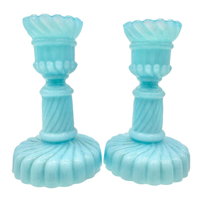 Westmoreland Blue Milk Glass Candlesticks Pair Vintage Childrens Tableware 3.5"H