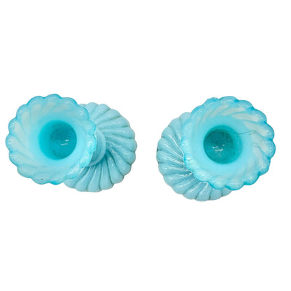 Westmoreland Blue Milk Glass Candlesticks Pair Vintage Childrens Tableware 3.5"H