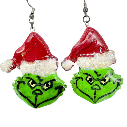 Grinch Christmas Glitter Dangle Earrings Handcrafted Silvertone Hooks Red Green